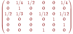 \begin{pmatrix}
{0} & {1/4} & {1/2} & {0} & {0} & {1/4} \\
{0} & {1} & {0} & {0} & {0} & {0} \\
{1/2} & {1/3} & {0} & {1/12} & {0} & {1/12} \\
{0} & {0} & {0} & {0} & {1} & {0} \\
{0} & {0} & {0} & {0} & {0} & {1} \\
{0} & {0} & {0} & {1} & {0} & {0}
\end{pmatrix}