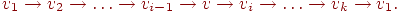 v_{1} \to v_{2} \to \ldots \to v_{i-1} \to v\to v_{i} \to
\ldots \to v_{k} \to v_{1}.